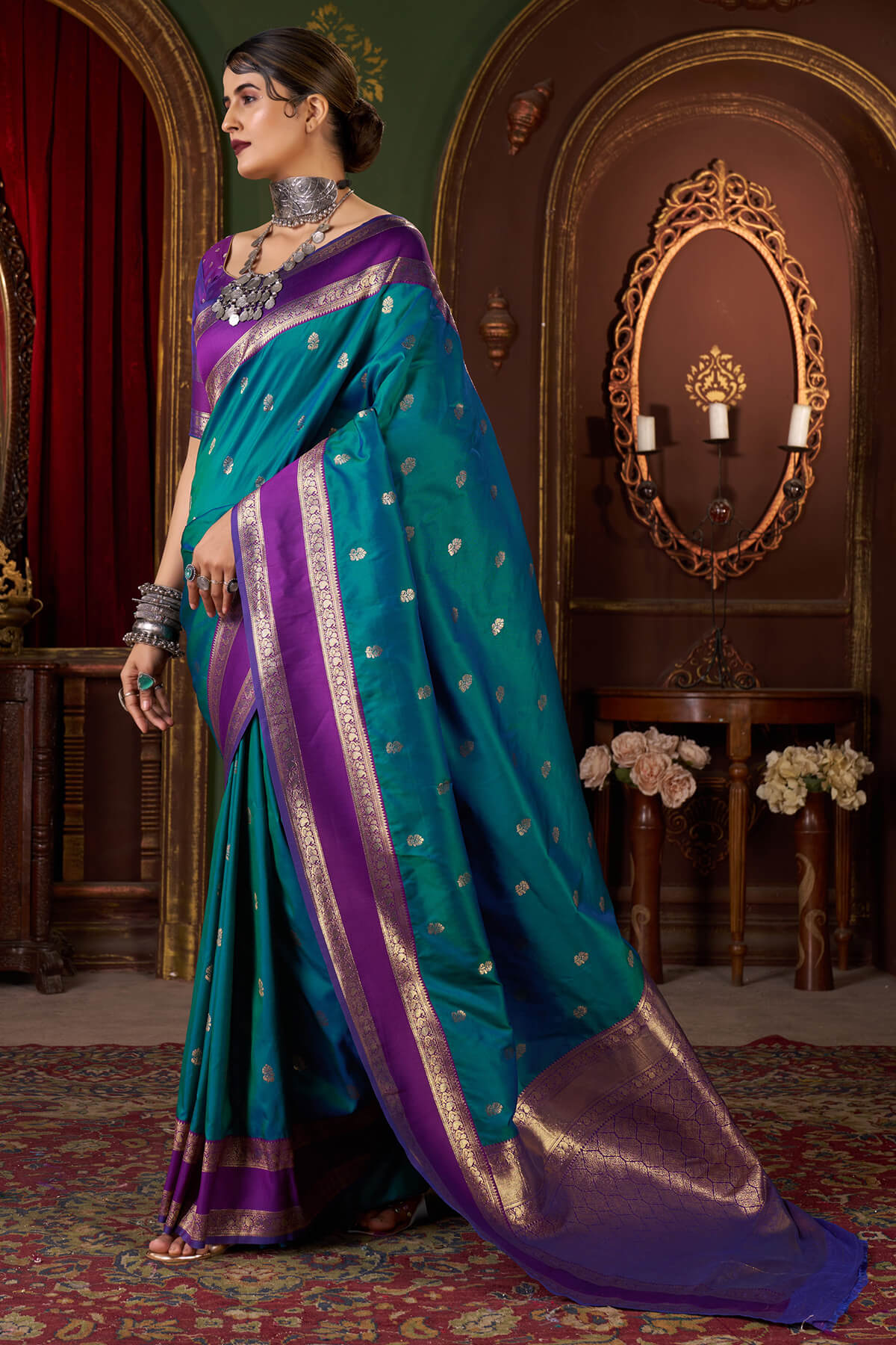 Grandiose Rama Pure Zari Weaving Banarasi Silk Saree With Stunner Blouse Piece