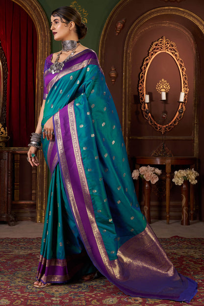 Grandiose Rama Pure Zari Weaving Banarasi Silk Saree With Stunner Blouse Piece