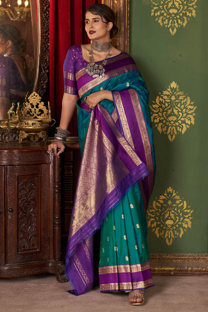Grandiose Rama Pure Zari Weaving Banarasi Silk Saree With Stunner Blouse Piece