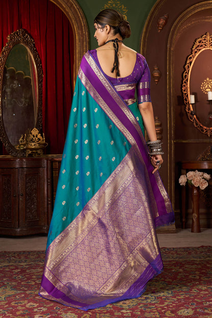 Grandiose Rama Pure Zari Weaving Banarasi Silk Saree With Stunner Blouse Piece