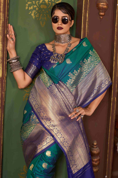 Charming Rama Pure Zari Weaving Banarasi Silk Saree With Panoply Blouse Piece