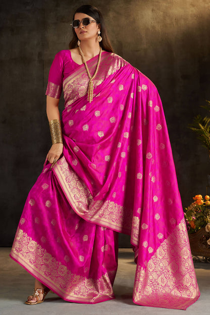 Tremendous Dark Pink Pure Banarasi Silk Saree With Vestigial Blouse Piece