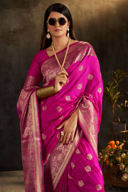 Tremendous Dark Pink Pure Banarasi Silk Saree With Vestigial Blouse Piece
