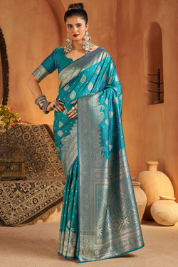 Lissome Firozi Pure Banarasi Silk Saree With Admirable Blouse Piece