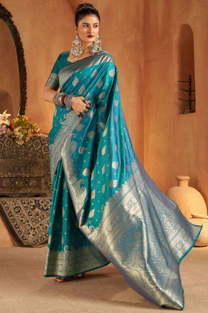 Lissome Firozi Pure Banarasi Silk Saree With Admirable Blouse Piece
