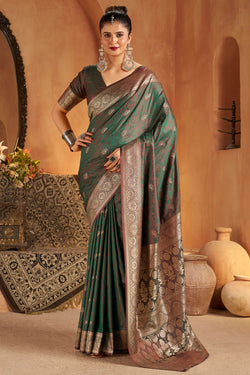 Diaphanous Green Pure Banarasi Silk Saree With Skinny Blouse Piece
