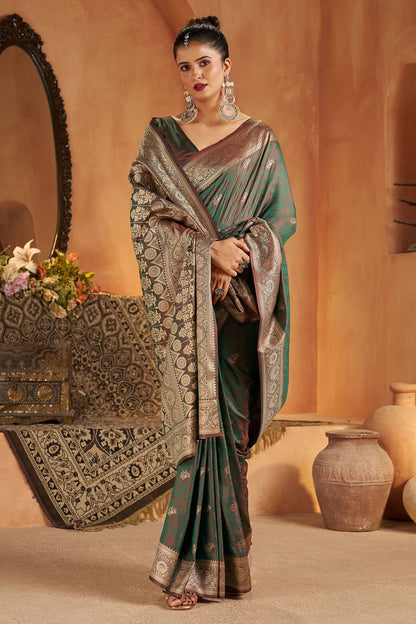 Diaphanous Green Pure Banarasi Silk Saree With Skinny Blouse Piece