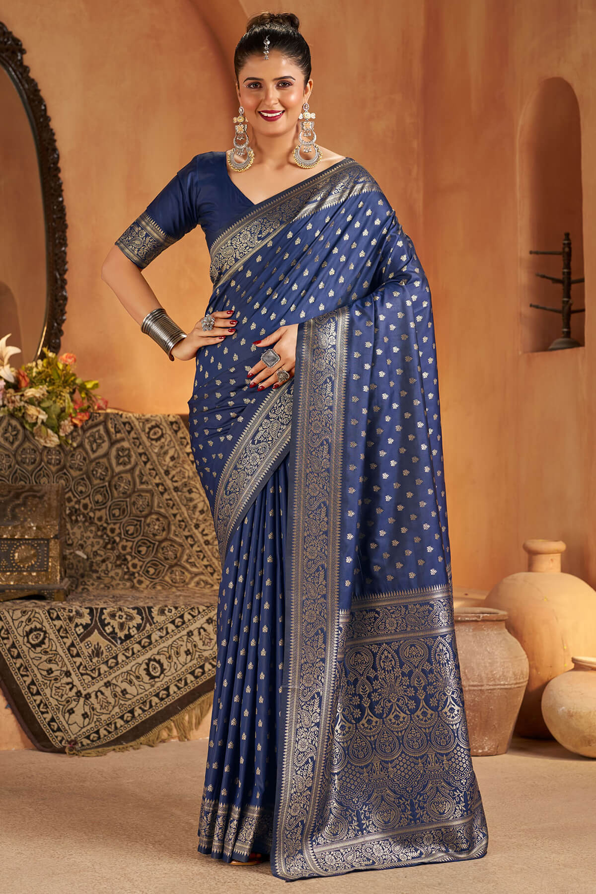 Deserving Navy Blue Pure Banarasi Silk Saree With Gorgeous Blouse Piece
