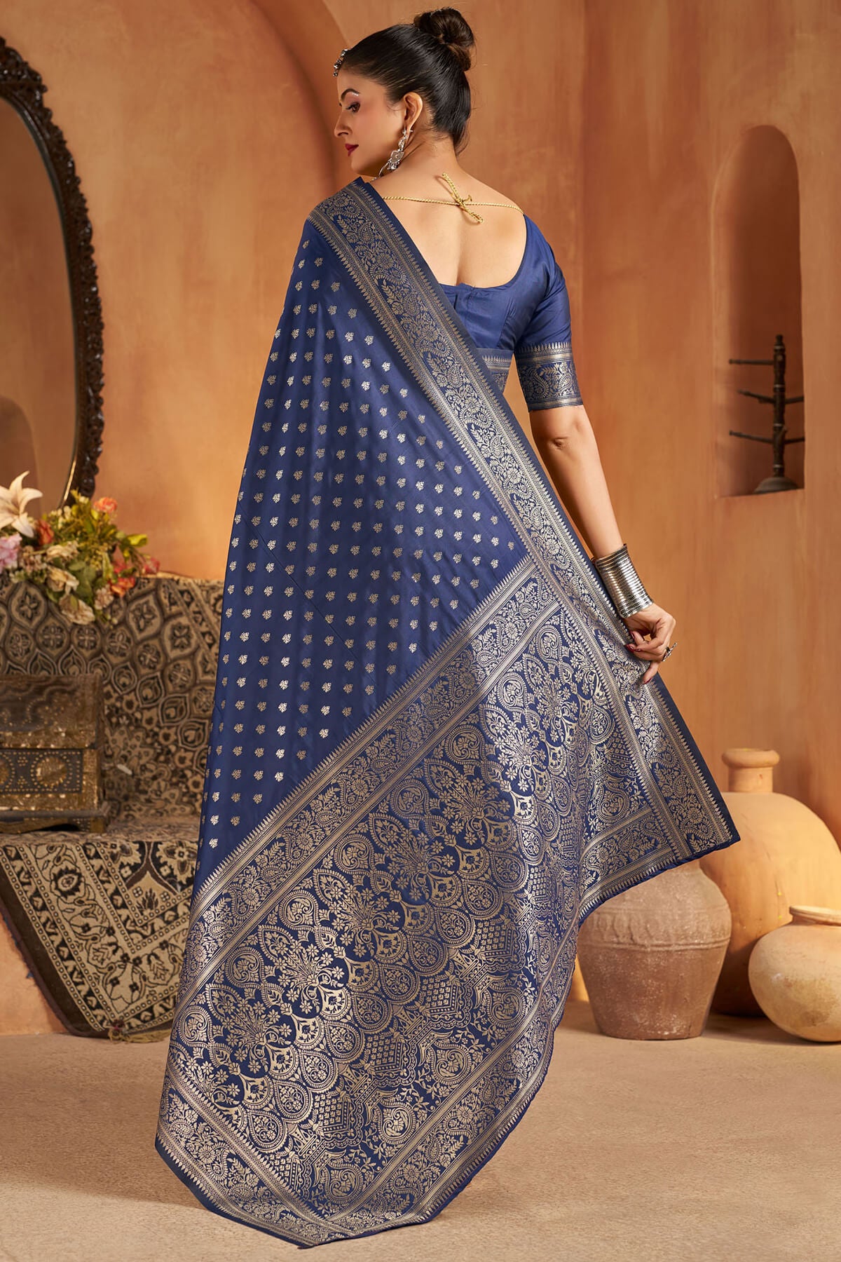 Deserving Navy Blue Pure Banarasi Silk Saree With Gorgeous Blouse Piece