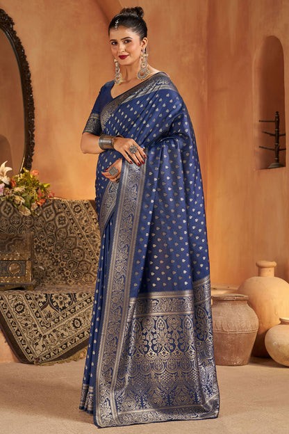 Deserving Navy Blue Pure Banarasi Silk Saree With Gorgeous Blouse Piece