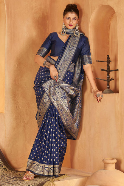 Deserving Navy Blue Pure Banarasi Silk Saree With Gorgeous Blouse Piece