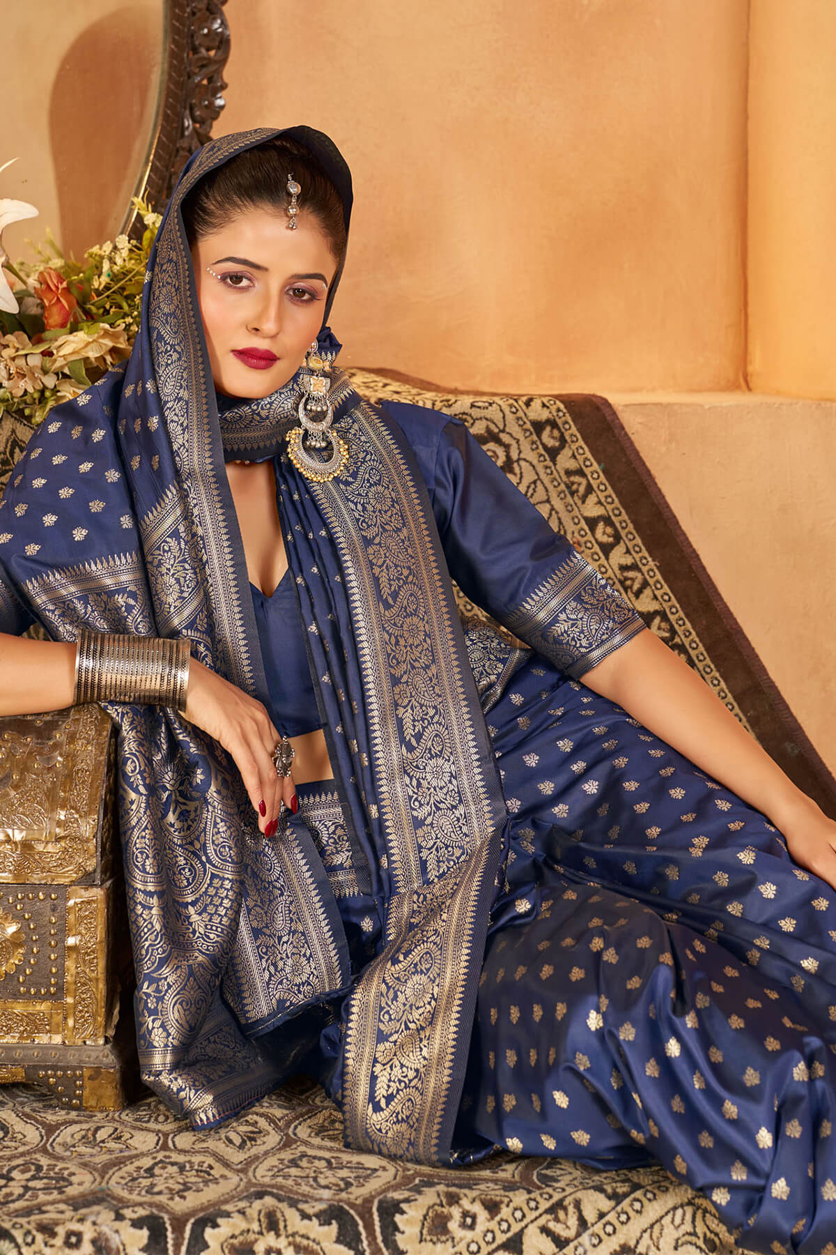 Deserving Navy Blue Pure Banarasi Silk Saree With Gorgeous Blouse Piece