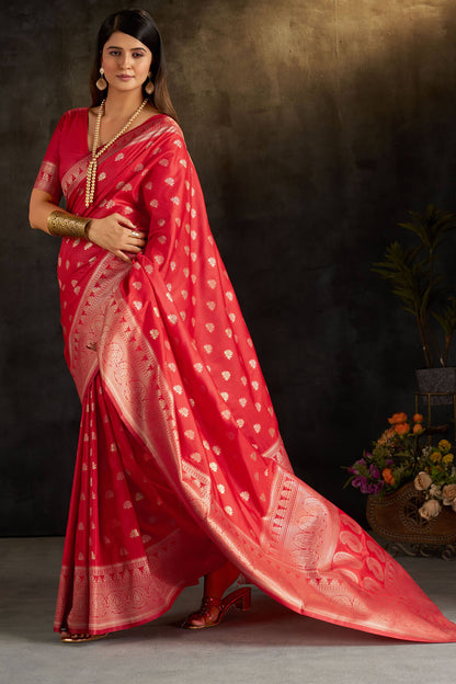 Pretty Red Pure Banarasi Silk Saree With Designer Blouse Piece