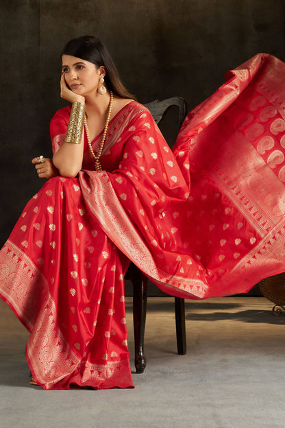 Pretty Red Pure Banarasi Silk Saree With Designer Blouse Piece