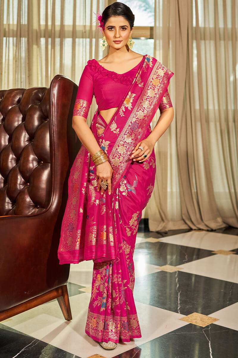 Sizzling Dark Pink Soft Banarasi Silk Saree With Staring Blouse Piece