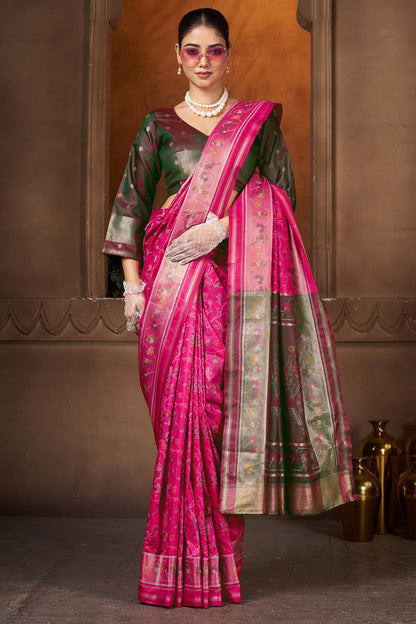 Fugacious Dark Pink Paithani Silk Saree With Nectarous Blouse Piece