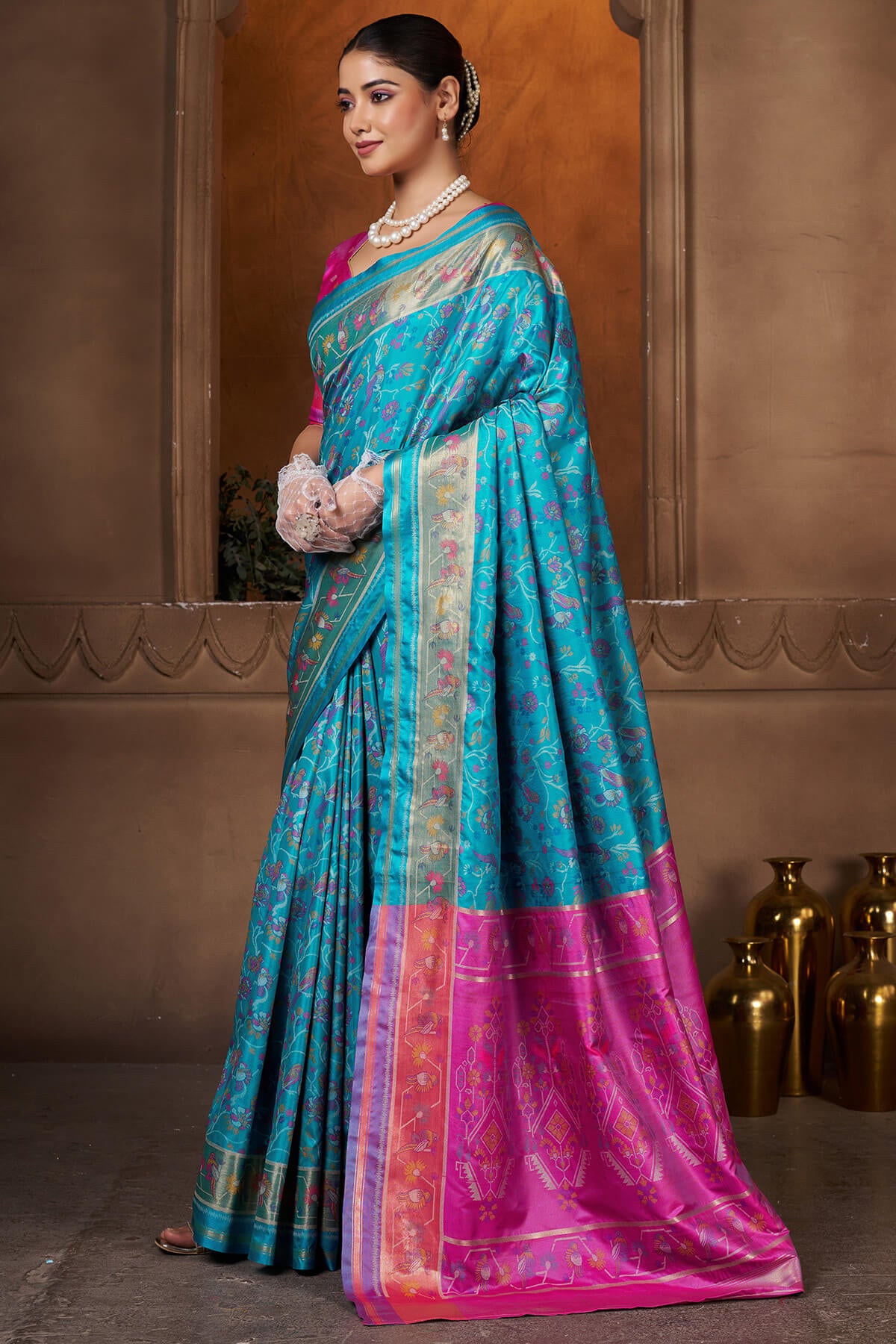 Seraglio Firozi Paithani Silk Saree With Groovy Blouse Piece