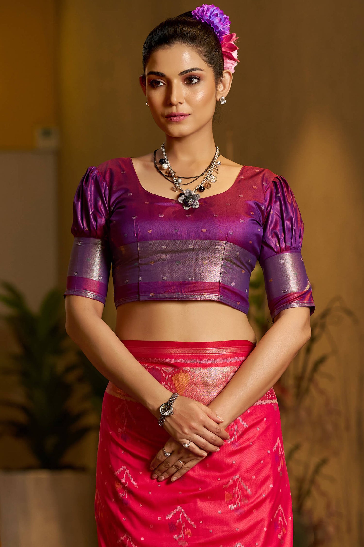 Mesmerising Dark Pink Pure Zari Weaving Banarasi Silk Saree With Enigmatic Blouse Piece