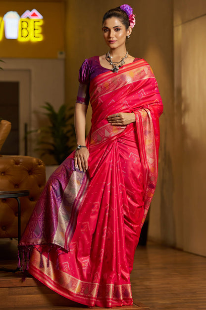Mesmerising Dark Pink Pure Zari Weaving Banarasi Silk Saree With Enigmatic Blouse Piece