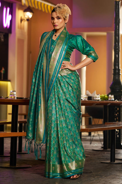 Panoply Green Pure Zari Weaving Banarasi Silk Saree With Imbrication Blouse Piece