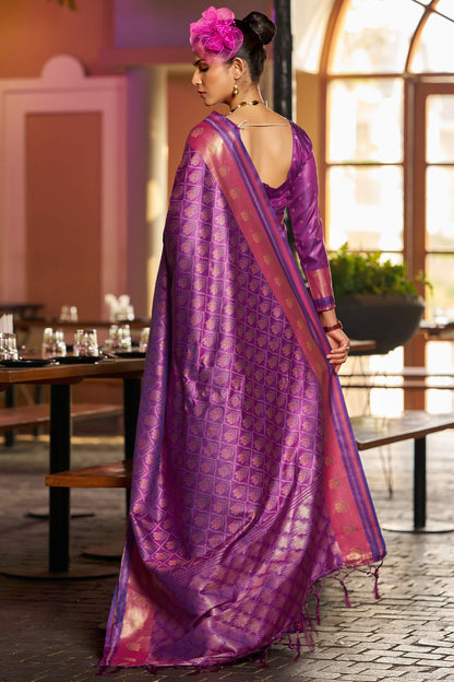 Surpassing Purple Pure Zari Weaving Banarasi Silk Saree With Sensational Blouse Piece