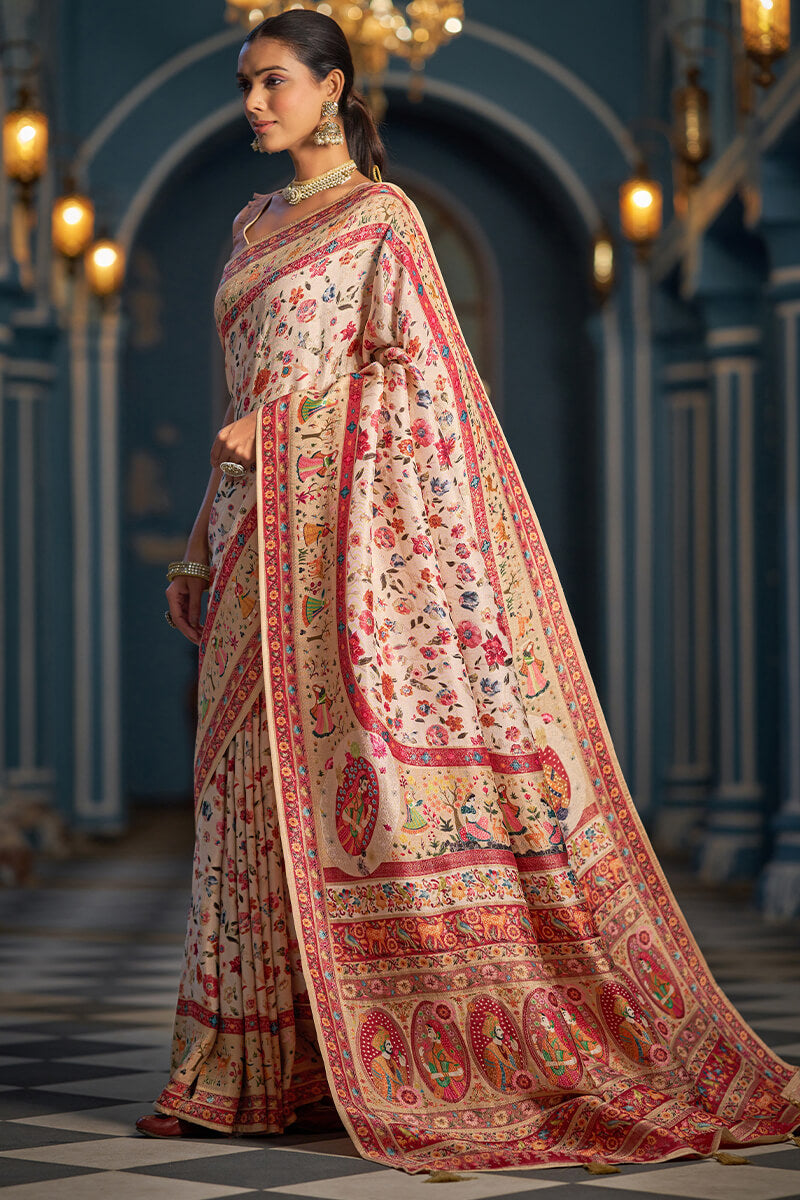 Capricious Beige Pashmina Saree With Felicitous Blouse Piece