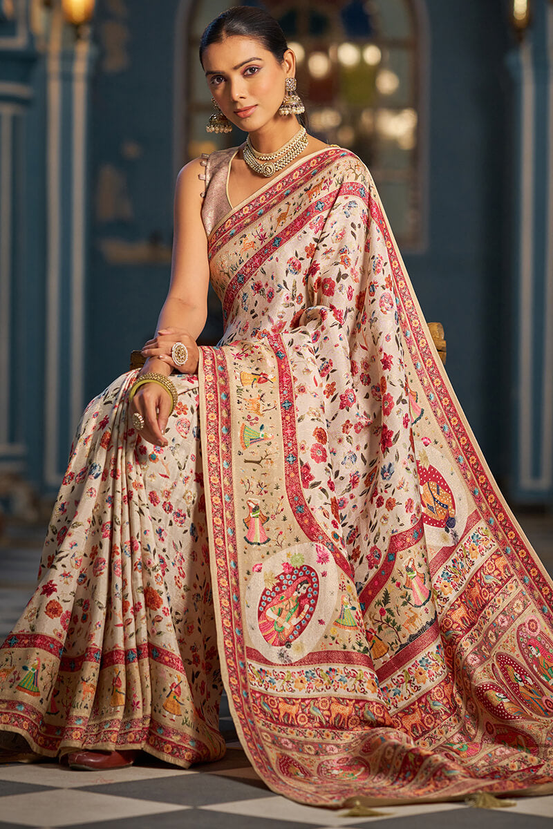 Capricious Beige Pashmina Saree With Felicitous Blouse Piece