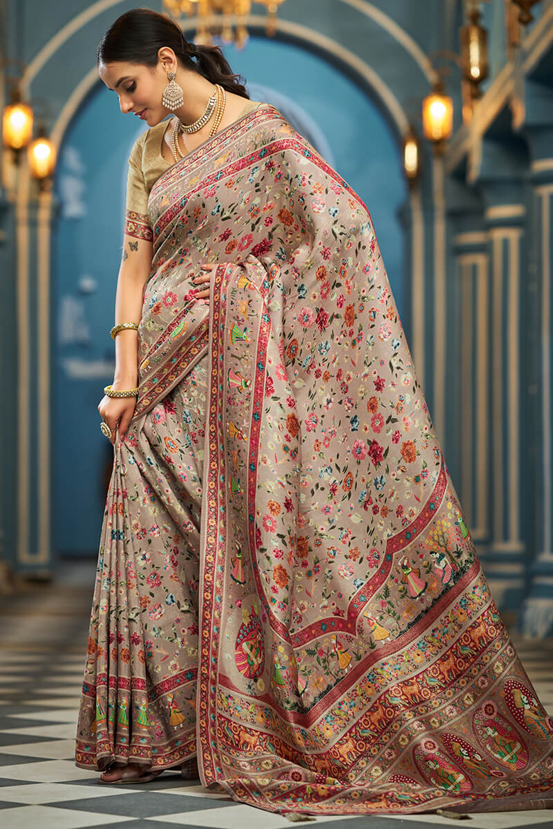 Resplendent Grey Pashmina Saree With Enigmatic Blouse Piece
