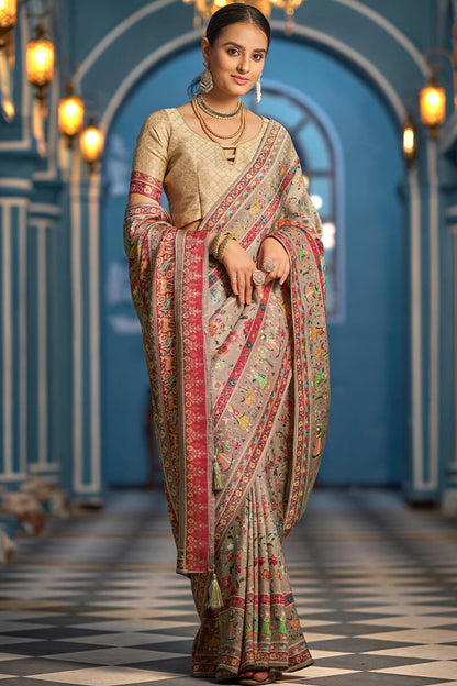 Resplendent Grey Pashmina Saree With Enigmatic Blouse Piece