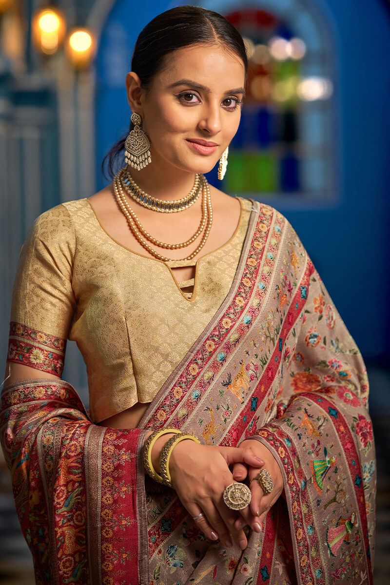 Resplendent Grey Pashmina Saree With Enigmatic Blouse Piece