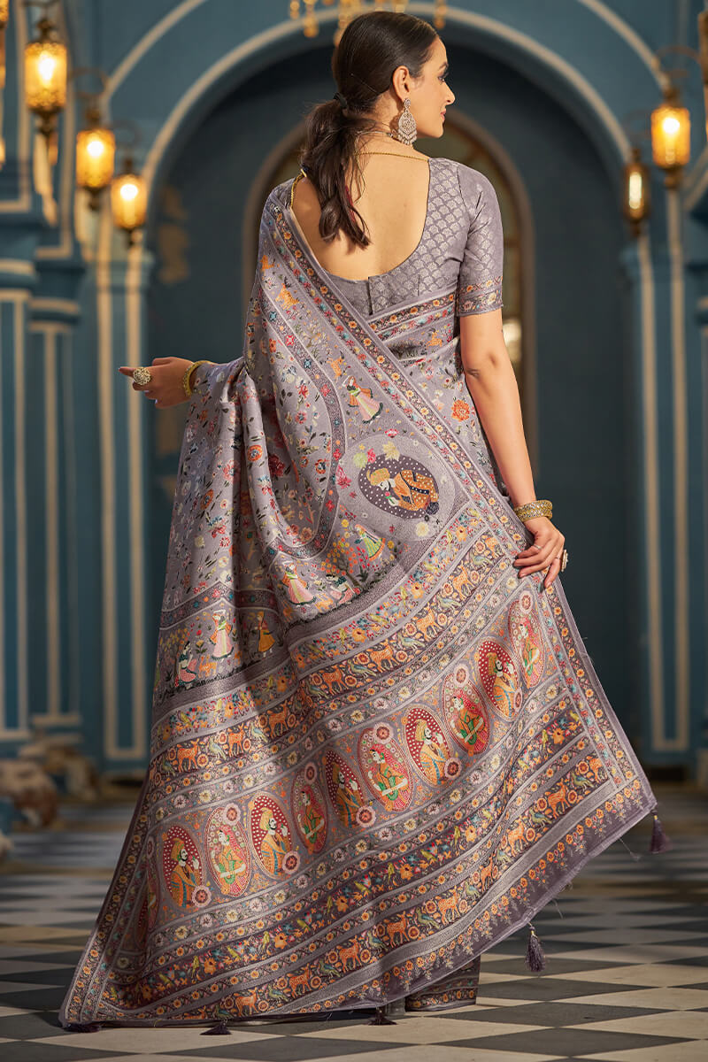 Ailurophile Lavender Pashmina Saree With Ethnic Blouse Piece