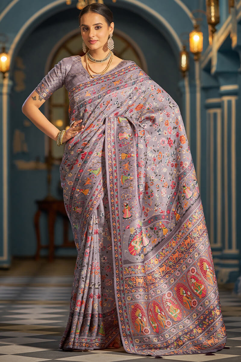 Ailurophile Lavender Pashmina Saree With Ethnic Blouse Piece