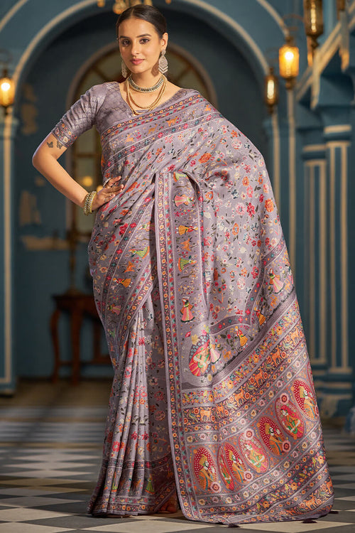 Load image into Gallery viewer, Ailurophile Lavender Pashmina Saree With Ethnic Blouse Piece
