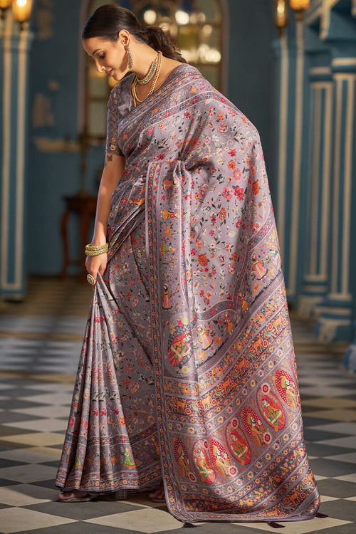 Load image into Gallery viewer, Ailurophile Lavender Pashmina Saree With Ethnic Blouse Piece
