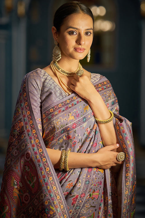 Load image into Gallery viewer, Ailurophile Lavender Pashmina Saree With Ethnic Blouse Piece
