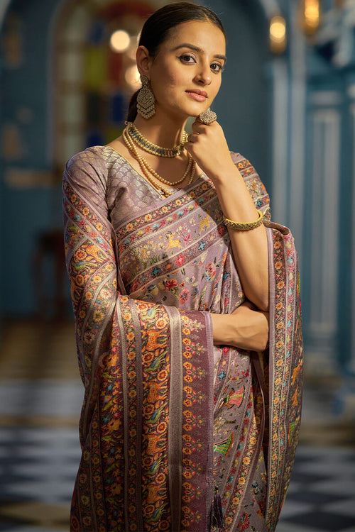 Load image into Gallery viewer, Ailurophile Lavender Pashmina Saree With Ethnic Blouse Piece
