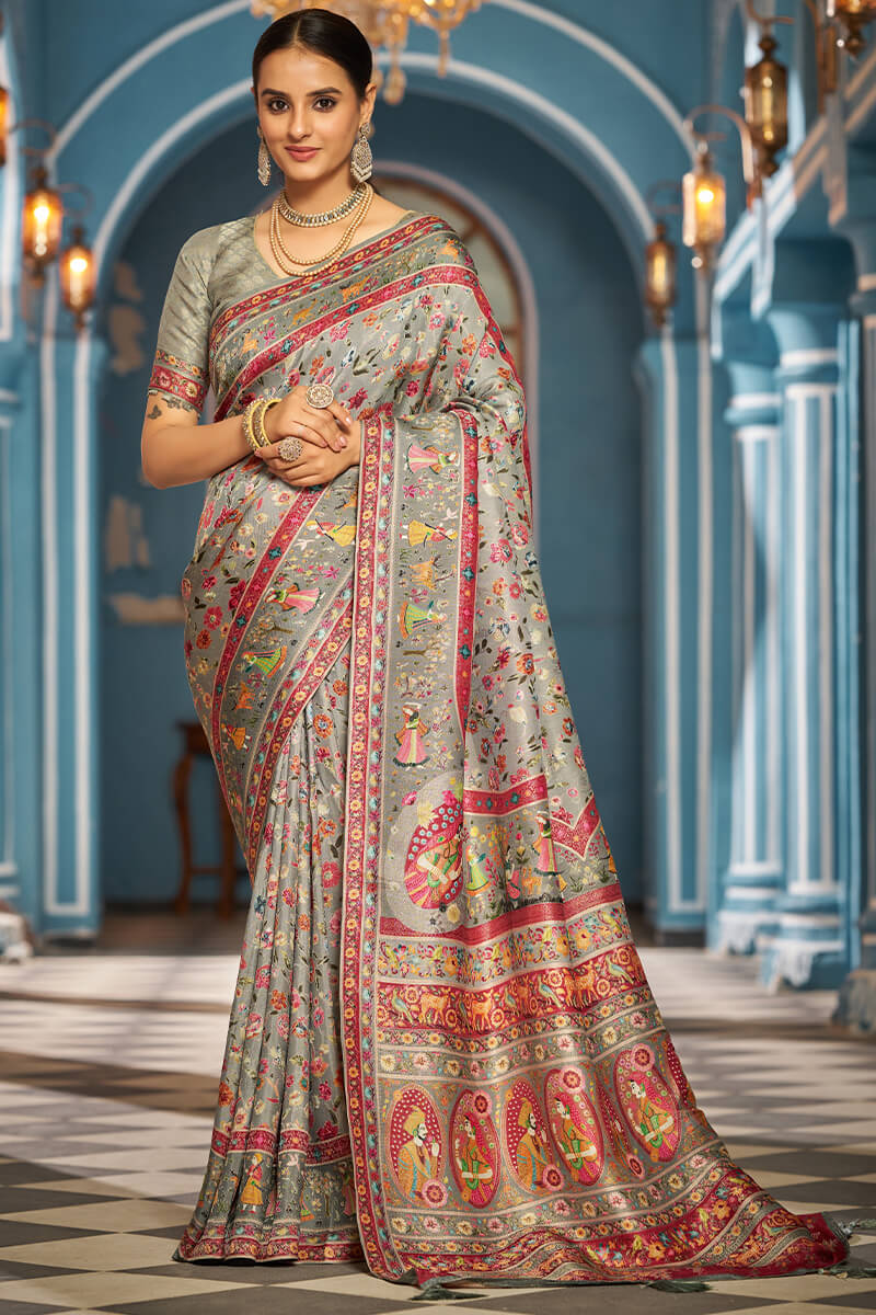 Impressive Silver Pashmina Saree With Imaginative Blouse Piece