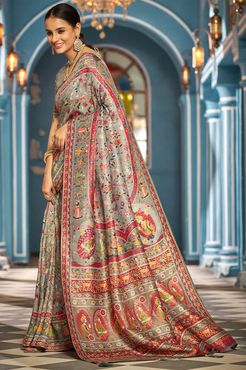 Impressive Silver Pashmina Saree With Imaginative Blouse Piece