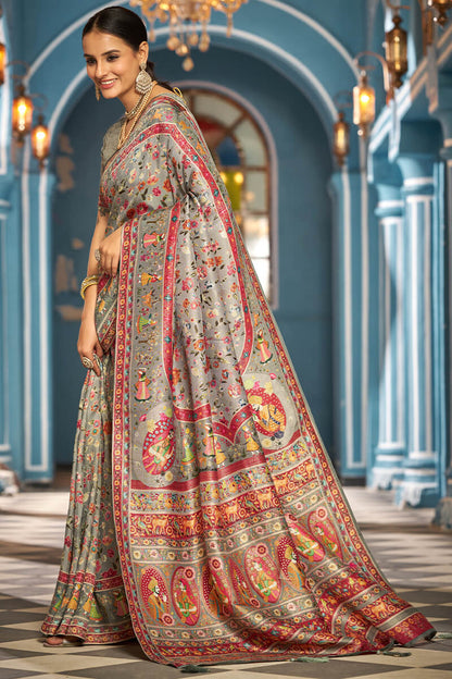 Impressive Silver Pashmina Saree With Imaginative Blouse Piece