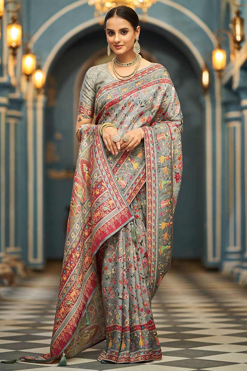 Impressive Silver Pashmina Saree With Imaginative Blouse Piece