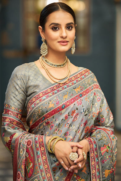 Impressive Silver Pashmina Saree With Imaginative Blouse Piece