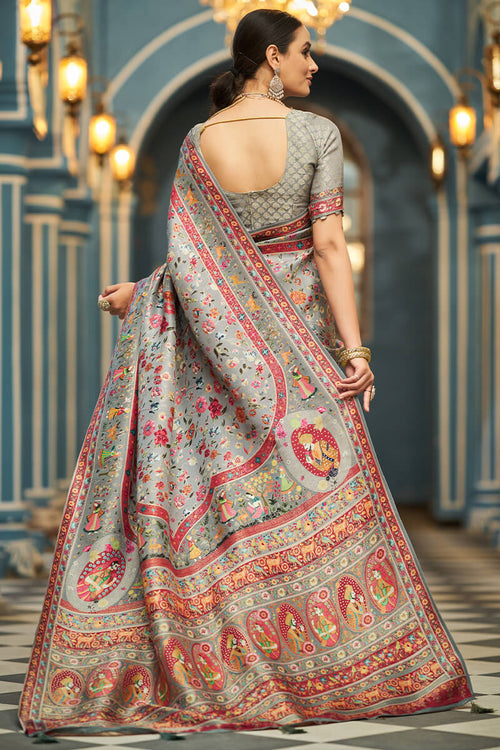 Load image into Gallery viewer, Impressive Silver Pashmina Saree With Imaginative Blouse Piece
