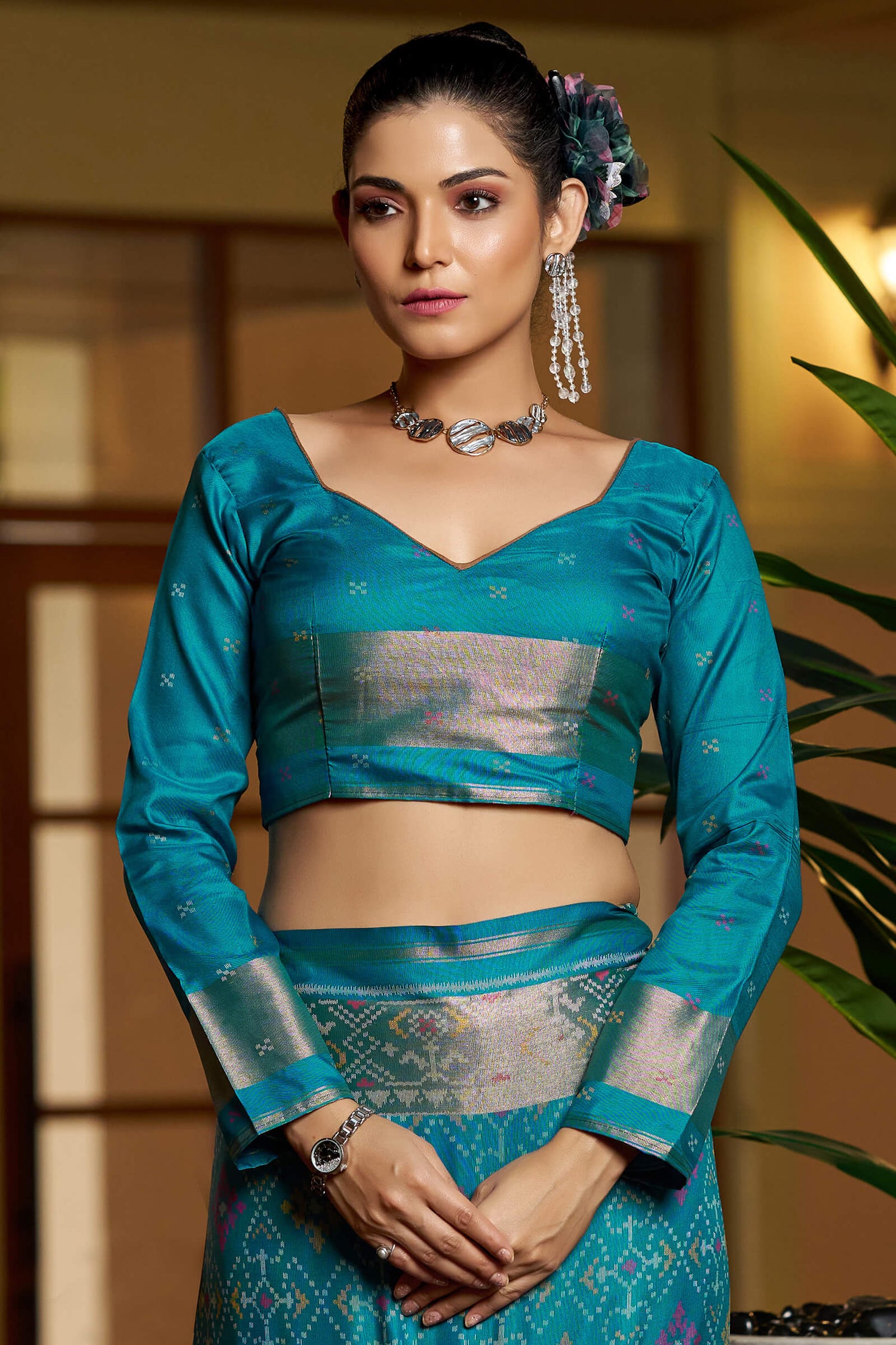 Assemblage Firozi Pure Zari Weaving Banarasi Silk Saree With Seraphic Blouse Piece