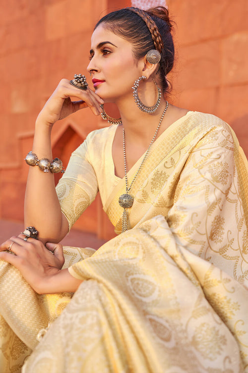 Load image into Gallery viewer, Serendipity Beige Soft Banarasi Silk Saree With Pleasurable Blouse Piece
