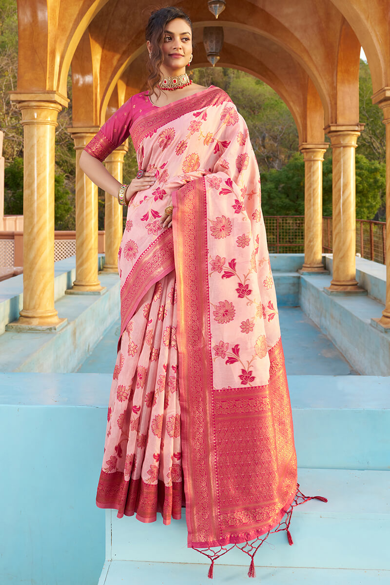 Panoply Baby Pink Organza Silk Saree With Lissome Blouse Piece