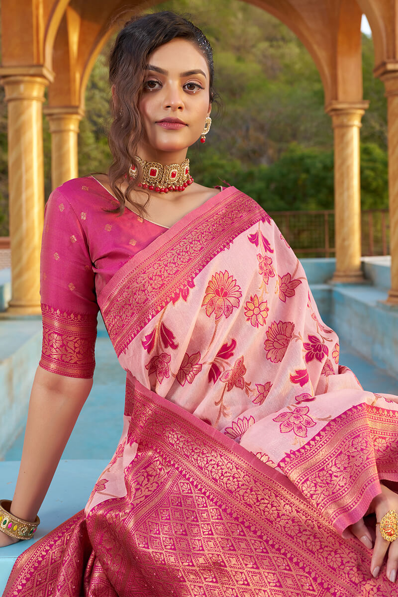 Panoply Baby Pink Organza Silk Saree With Lissome Blouse Piece