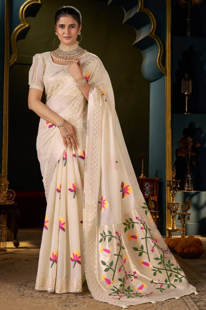 Breathtaking Beige Cotton Silk Saree With Delectable Blouse Piece