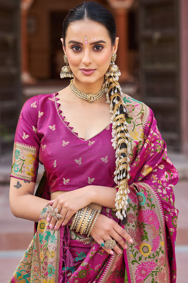 Appealing Magenta Paithani Silk Saree With Enthralling Blouse Piece