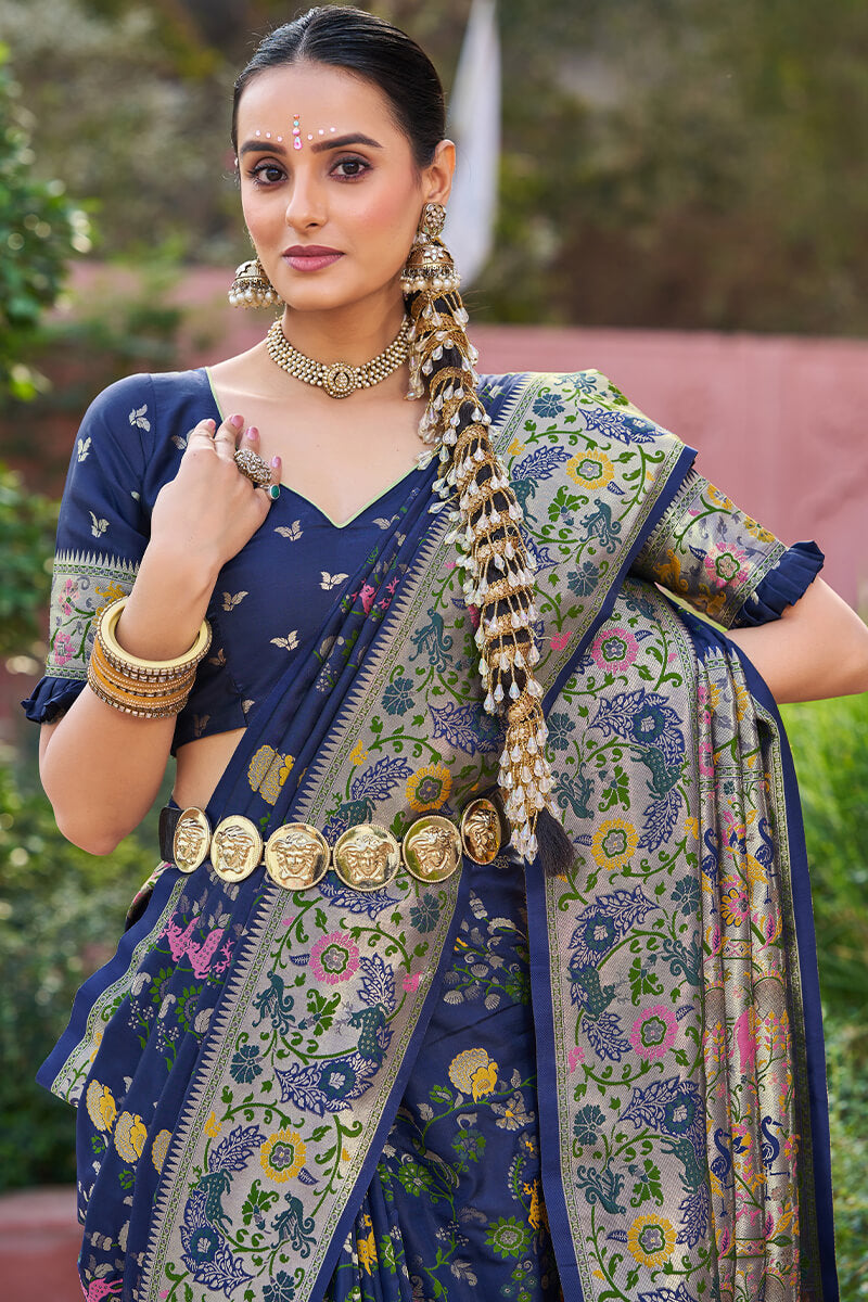 Ratatouille Navy Blue Paithani Silk Saree With Lagniappe Blouse Piece