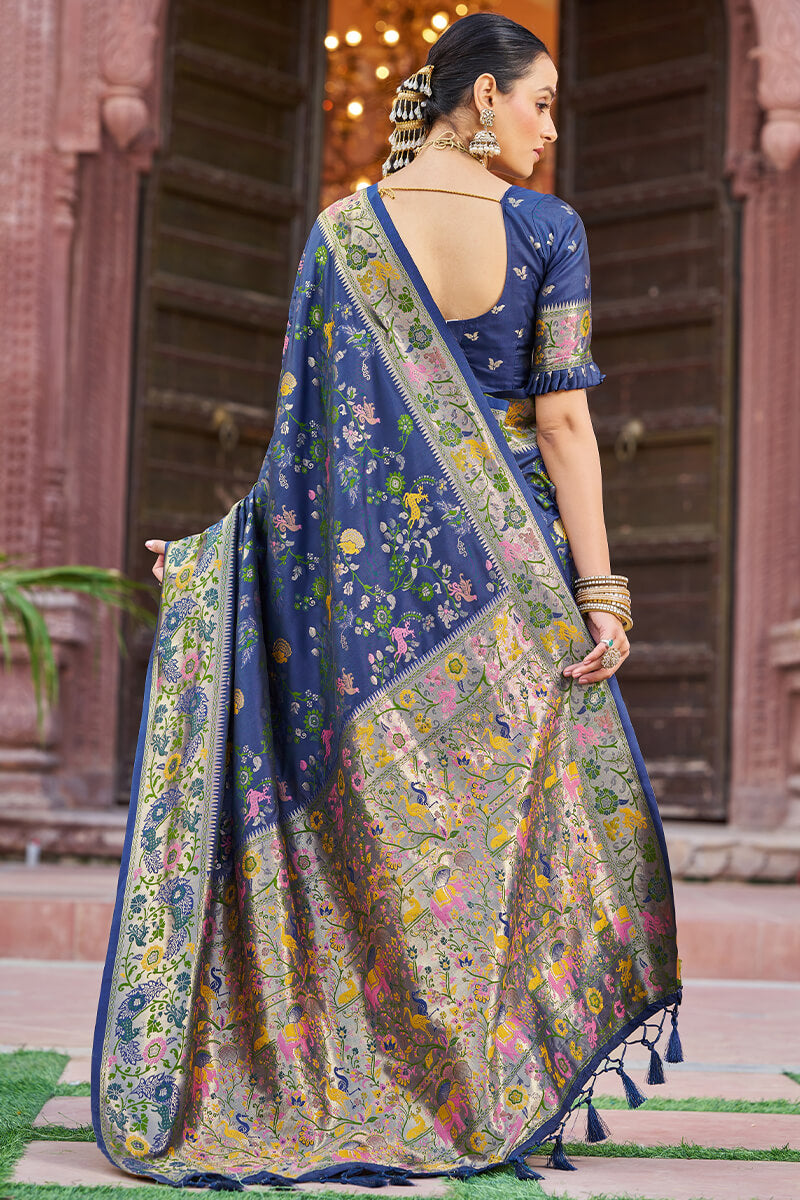 Ratatouille Navy Blue Paithani Silk Saree With Lagniappe Blouse Piece